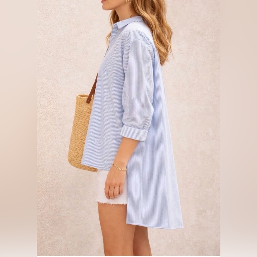 L’Academie Los Angeles Blue White Striped High Low Tunic Shirt Size S / M